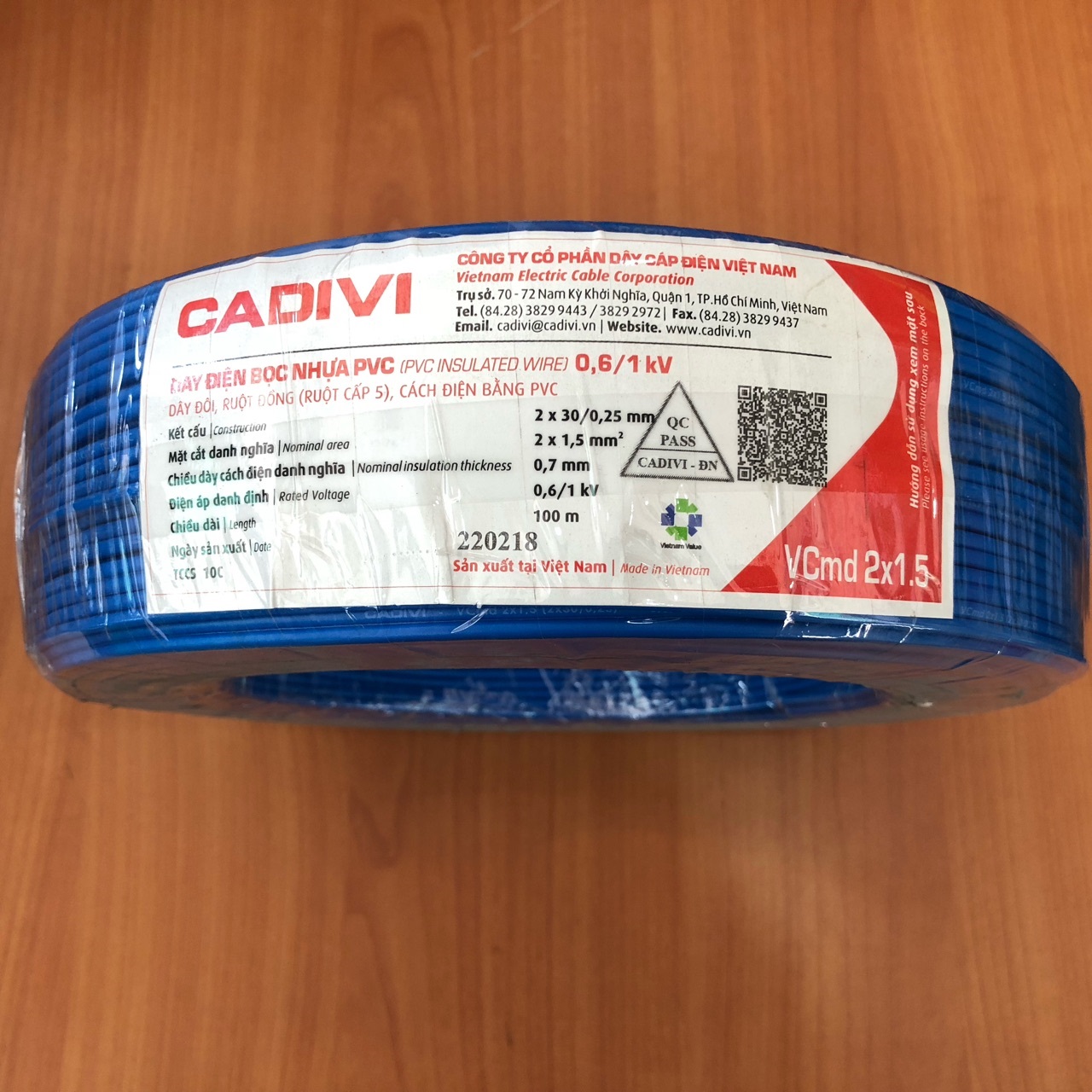 Dây điện Cadivi VCMD 2x1.5 màu xanh, 0.6/1KV, cuộn 100m
